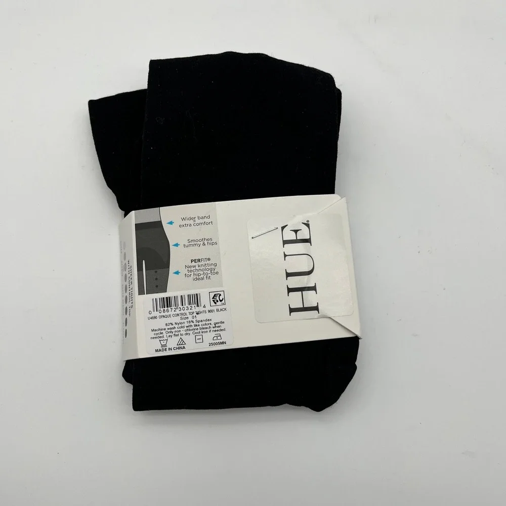 Hue Opaque Tights Womens Size 1 Black Control Top Perfit Technology Pantyhose